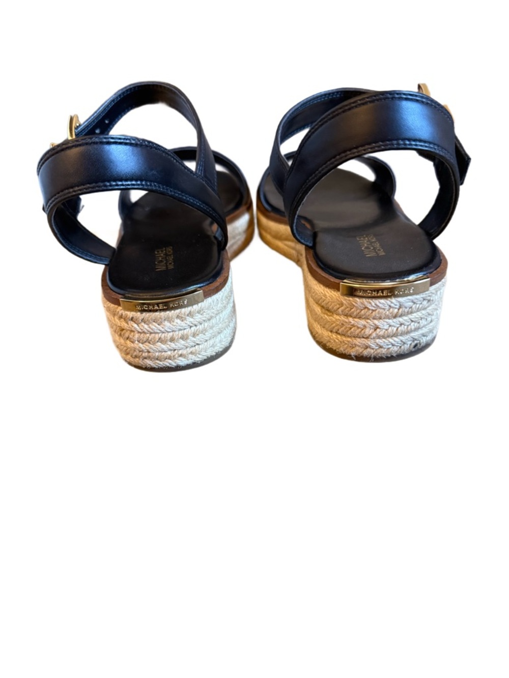 Michael Kors Black Leather Espadrille Wedge Sandals with Gold MK Buckle - Picture 4 of 6
